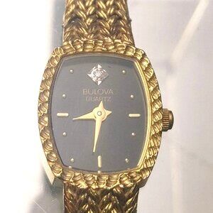 Bulova Quartz Watch Gold Tone Woven Mesh Bracelet Diamond Accent Black Dial